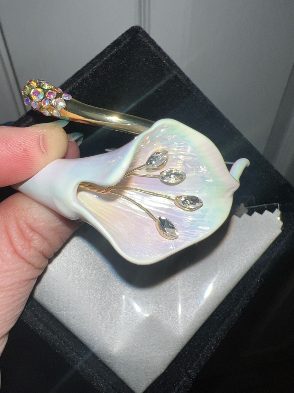 Iridescent White Calla Lily bracelet with Crystal Accents